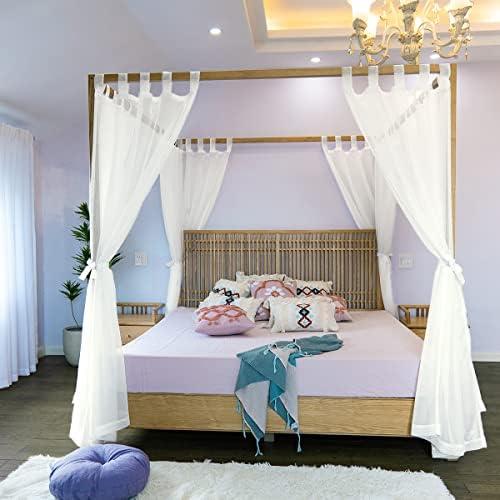 Linentalks Sheer Canopy Bed Curtains for King, Queen, Full and Twin Bed, 4 Corner Bed Canopies & Drapes, Four Poster Bed Canopy Curtains Beds, Sheer Curtains for Canopy Bed Drapes, Ivory