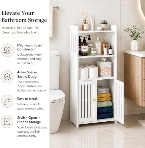 HAYOFAMY 4-Tier Bathroom Storage Cabinet 8.7" D x 14.2" W x 29.5" H | White Floor Cabinet, Freestanding Organizer with Door, for Living Room Kitchen Small Space, PVC Material