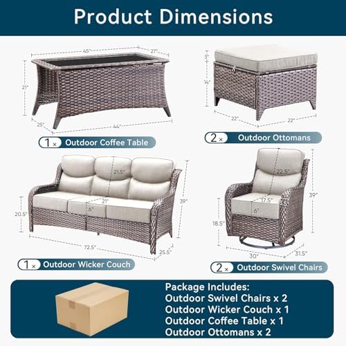 Luxury 6 Pieces Outdoor Patio Furniture Set-All Weather Wicker Outdoor Furniture with Swivel Rocker Patio Chairs 6-inch Extra Thick Cushions Wicker Conversation Set for Deck Garden(Brown/Beige)