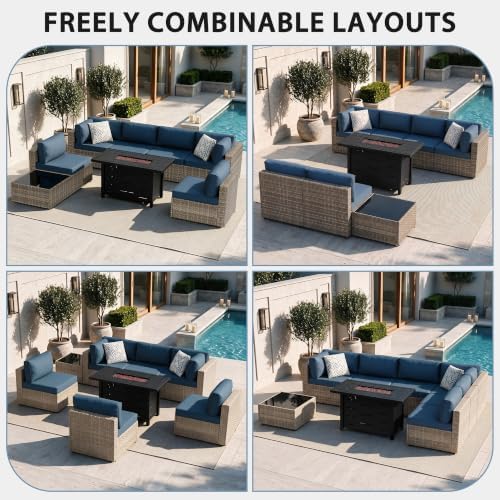 Shintenchi 8 Piece Outdoor Patio Furniture Set with 43 Inch Propane Fire Pit, Washable Cushions, Glass Coffee Table, Waterproof Cover & CSA Certified for Backyard Poolside, Natural PE Rattan/Navy Blue