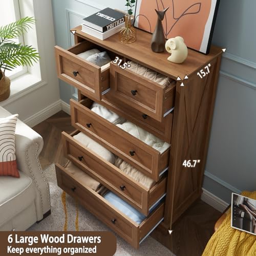 Farmhouse 6 Drawers Dresser Chests for Bedroom, Natural Oak Wood Dressers