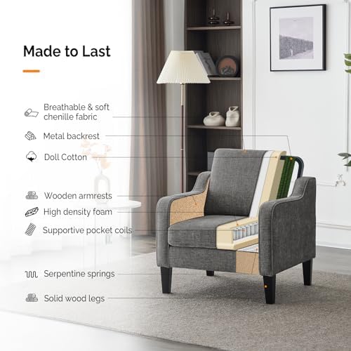 VINGLI Light Grey Accent Chair, Chenille Fabric Armchair for Living Room