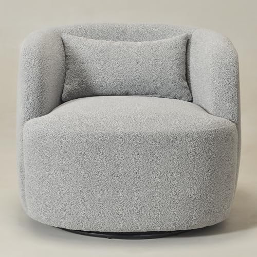 KINWELL 34" W Boucle Swivel Barrel Chair with Toss Pillow, Gray