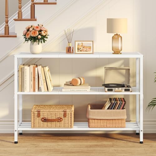 Hoctieon White Industrial Console Table, 3 Tier Entryway Tables, Hallway Desk, Narrow Sofa Tables with Shelves, Entrance Table for Entryway, Living Room, Foyer, Hallway, Office, White
