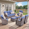 Luxury 7 Pieces Outdoor Patio Furniture Set-All Weather Wicker Outdoor Furniture with Swivel Rocker Patio Chairs 6-inch Extra Thick Cushions Wicker Conversation Set for Garden Porch(Brown/Blue)