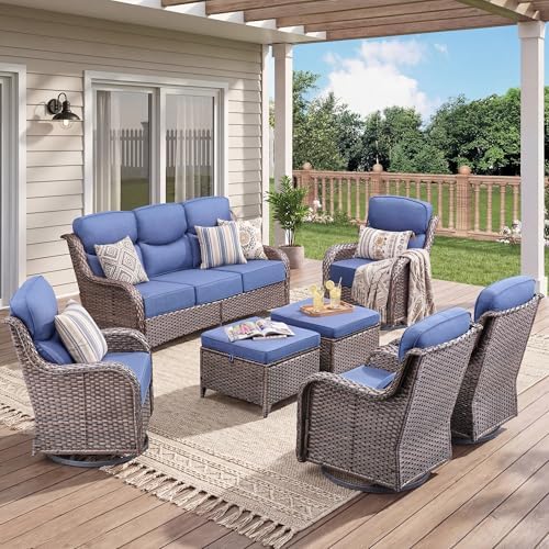 Luxury 7 Pieces Outdoor Patio Furniture Set-All Weather Wicker Outdoor Furniture with Swivel Rocker Patio Chairs 6-inch Extra Thick Cushions Wicker Conversation Set for Garden Porch(Brown/Blue)