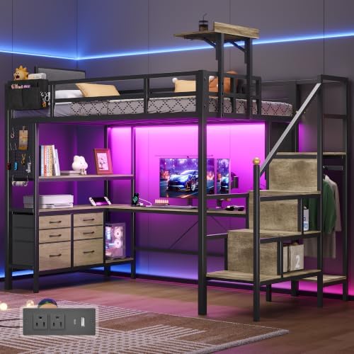 Dnxao Twin Loft Bed with L-Shaped Desk and 6 Storage Drawers, Oak Gray