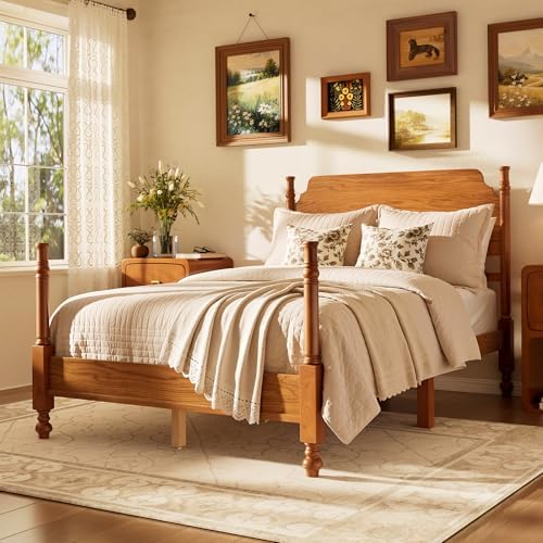 Vintage Wood Full Bed Frame, Traditional Spindle Platform Bed with Tall Headboard, Light Walnut Antique Style 4-Poster Design, Under Bed Storage, No Box Spring Needed