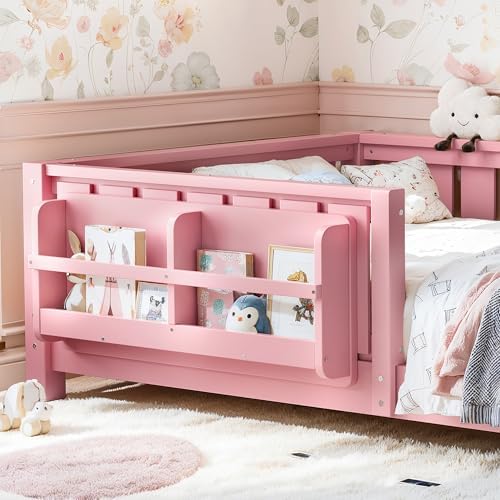 Bellemave Twin Floor Bed with Rails and Slats, Twin Size Montessori Floor Bed with Bookshelf and Fence, Easy Assemble Montessori Beds Frame for Girls, Boys, Pink