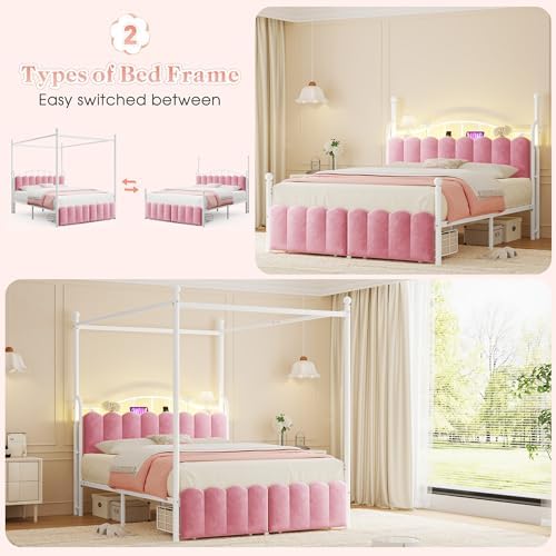 Homkdom Queen Size Canopy Bed Frame with 2 Drawers and LED & Charging,Pink
