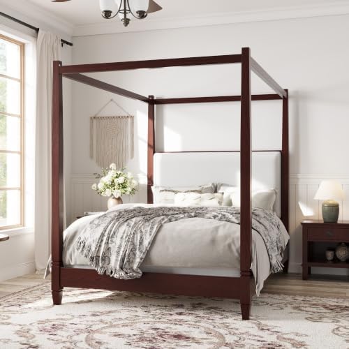 Queen Size Wood Canopy Bed Frame, Walnut Vintage Four-Posters Platform Bed Frames with Headboard, 10-Slat Support Wooden Post Beds, 6" Under Bed Storage, Easy Assembly (Espresso, Queen, 75.6"H)
