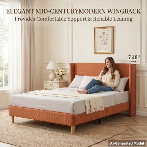 Full Corduroy Upholstered Platform Bed with Headboard Wingback, Ocher