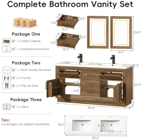 St.Mandyu 60" Bathroom Vanity w/Sink & LED Mirror & Faucet,Modern Bathroom Vanities Set w/ 3-Color Lighting, Curved Splash-Reducing Basin, Bath Vanity w/Large Storage Cabinet&Drawers,Rsutic Bro