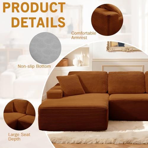 Modular Sectional Sofa, Convertible Sofa Bed, No Assembly Required Cloud Couch with Deep Seat, Modern L-Shaped Boneless Sofa for Living Room (Orange)