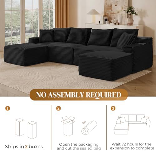 115" U Shaped Cloud Couch Modular Sectional Sofa, Comfy Fluffy Corduroy Black Boneless Sectional Couches for Living Room, Modern Cloud Sofas with Ottomans & Memory Foam, Black