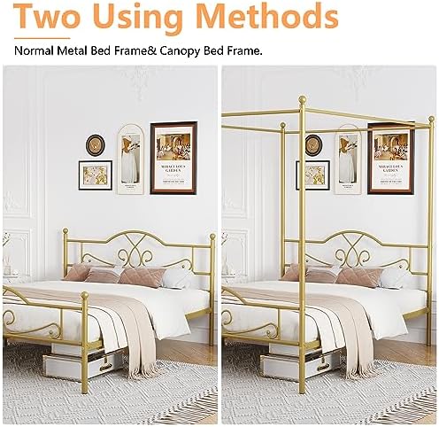 Queen Canopy Bed Frame with 4 Posters, Queen Size Bed for Girls Adults