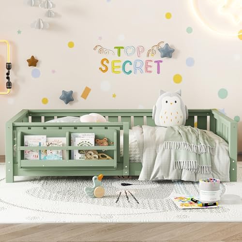 Bellemave Twin Floor Bed with Rails and Slats, Twin Size Montessori Floor Bed with Bookshelf and Fence, Easy Assemble Montessori Beds Frame for Girls, Boys, Avocado Green