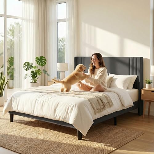 Gizoon Full Bed Frame with Wingback Headboard, Upholstered Platform Bed