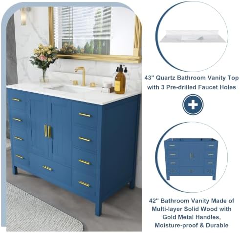 Montary 42" Bathroom Vanity with Sink & 43" Carrara Quartz Top | with 3 Pre-Drilled Faucet Holes, Solid Wood Cabinet, Soft-Close Double Doors & 9 Smooth-Glide Drawers,Blue