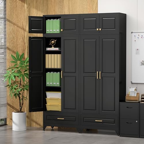 SteeLoong 90" Metal Storage Cabinet with Doors and 3 Adjustable Shelves | Kitchen Pantry Cabinet with 3 Drawers,Black Kitchen Cabinet with 4 Gold Handles,Food Cupboard for Livingroom,Pantry, Bathroom