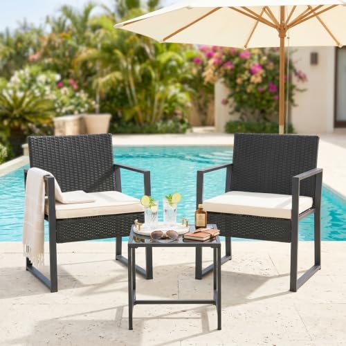 FDW | 3-Piece Patio Furniture Set | Khaki |Outdoor Wicker Furniture with Coffee Table | Modern Rattan Chairs Conversation Set | Outdoor Seating | Weather-Resistant | for Porch, Garden, Lawn
