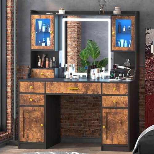 Rustic Vanity Desk with Mirror and Lights in 3 Colors & 2 RGB Cabinets | 3 Colors Makeup Vanity with Charging Station & 6 Drawers, Large Dressing Table with Open Storage Shelves for Bedroom