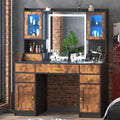 Rustic Vanity Desk with Mirror and Lights in 3 Colors & 2 RGB Cabinets | 3 Colors Makeup Vanity with Charging Station & 6 Drawers, Large Dressing Table with Open Storage Shelves for Bedroom
