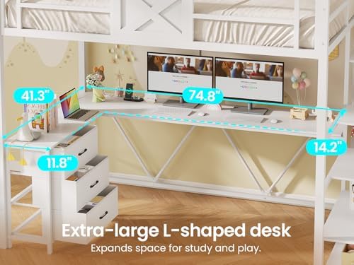 Itaar Stairway Twin Size Loft Bed with L Shaped Desk and Wardrobe, Metal Loft Bed Frame with Storage Stairs, 3 Fabric Drawers, LED Lights & Charging Sation (White, Twin)
