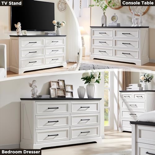 ACCOHOHO 52" Wide Farmhouse 6 Drawer Dresser for Bedroom, Off White