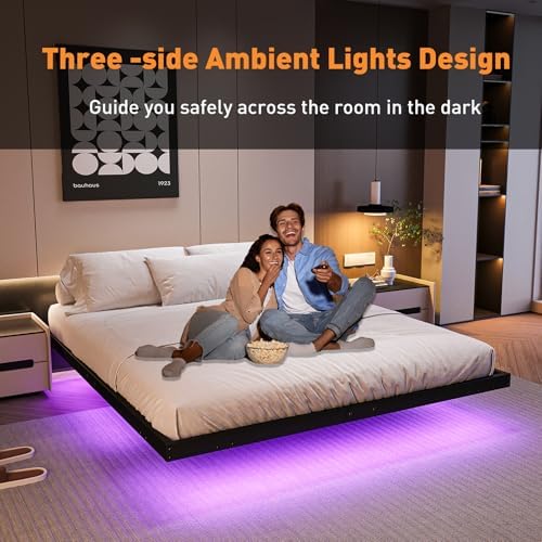 AGXI Floating Bed Frame with LED Lights and Charging Station, 10 Inch King Size Floating Bed Frame, King Platform Bed Frame, No Box Spring Needed, Easy to Assemble