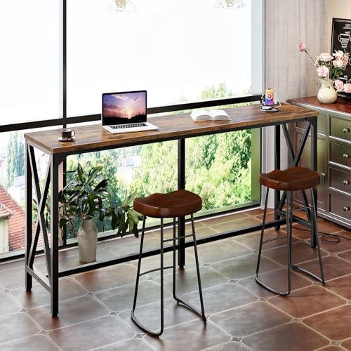 CHOEZON 63'' Bar Table, Kitchen Dining Table with Power Outlet and Footrest, Industrial Style, for Pub, Living Room, Rustic Brown and Black TBT07UBF