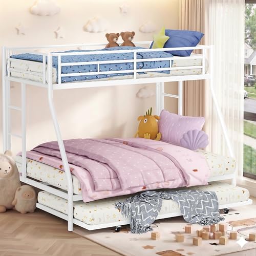 Nuturelly Twin Over Full Bunk Bed with Trundle, 400 lbs Capacity, White