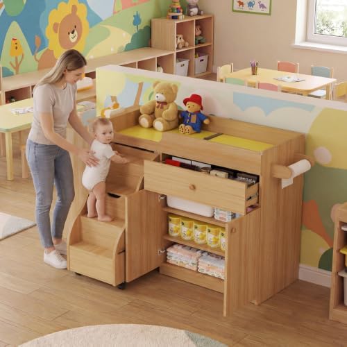 Changing Table with Stairs, Montessori Diaper Station for Daycare & Home (Left Stairs)