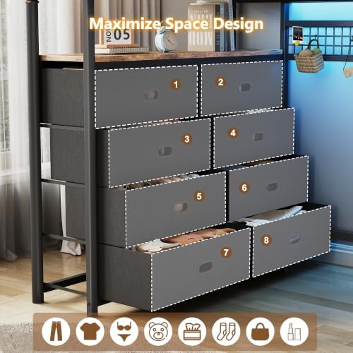 Jocoevol Twin Loft Bed with Desk and 8 Storage Drawers, Rustic Brown