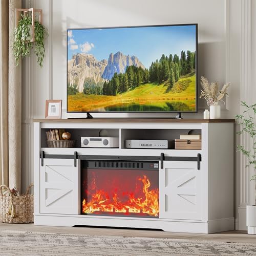 JUMMICO Fireplace TV Stand for 65 Inch TV with 26'' Fireplace(Bright White)