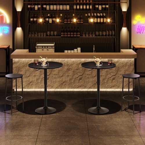 HOOBRO 2 Pcs Bar Table, Height-Adjustable Round Pub Table 27-35.4 Inches with Sturdy Base, Modern Style Bar Table Easy Assembly with Metal Base for Pub, Party and Small Places, Black BK58BTP201G1N1