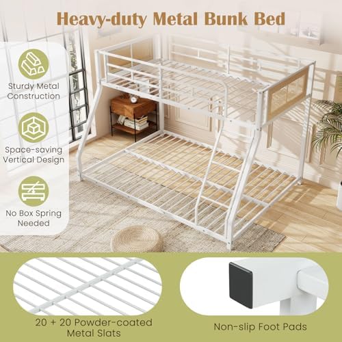 Giantex Twin Over Full Metal Bunk Bed, Boho Rattan Floor Bunkbeds with Ladder & Full-length Guardrails, Heavy Duty Metal Slats Support Bed Frame for Teens, Adults, Guests, No Box Spring Needed (White)