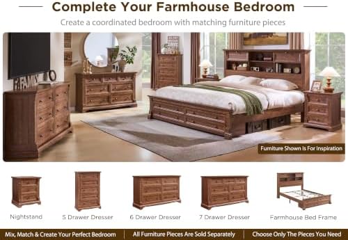 Farmhouse King Size Bed Frame with 54" Tall Headboard, Charging Station
