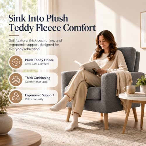 Naomi Home Frida Teddy Fleece Accent Chair, Mid-Century Modern Inspired Armchair with Plush Upholstery, Thick Cushioning & Oak Legs, Cozy Living Room Chair for Bedroom, Reading Nook & Lounge Seating