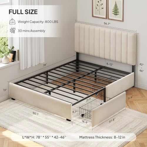 Welzona Full Size Upholstered Bed Frame with Headboard & 2 Drawers, White