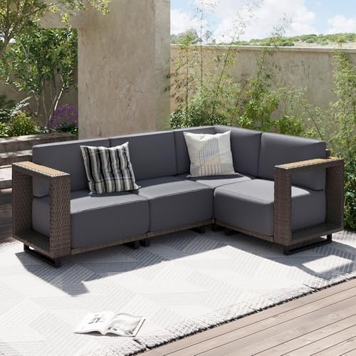 Aoxun Patio Furniture Set, 4 Piece Outdoor Sofa Set, Brown/Dark Gray