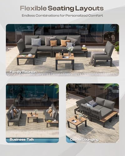 Aluminum Outdoor Patio Sofa Set, 2 Seats Modular Sectional Reclining Loveseat Sofa with Adjustable Backrest & Removable Cushions, All-Weather Conversation Sets for Garden & Yard, Graphite