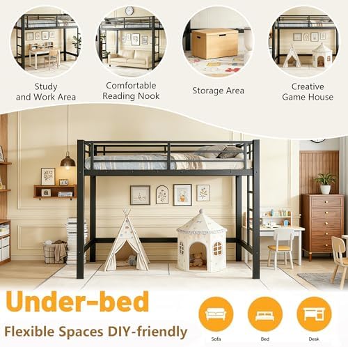 Bellemave Twin Size Loft Bed Frame with 2 Ladder, Sturdy Metal Construction & High Guardrail, Space-Saving Twin Loft Bed for Kids, No Box Spring Needed, Safe for Kids, Adults, Teens, Dorms, Black