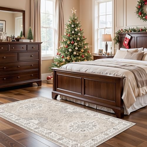 Hallway Washable Runner Rug - 3x6 Kitchen Rugs Entryway Rug Runner Vintage Soft Floor Mat Non Slip Indoor Farmhouse Carpet for Bathroom Living Room Bedroom (3 X 6, Beige)