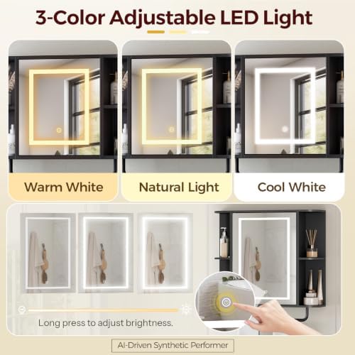 MAHANCRIS Bathroom Wall Cabinet with Mirror, Mirrored Medicine Cabinet with 3 Colors LED Light and 4 Open Shelves, Wall Mounted Storage Cabinets with Adjustable Shelf, 24.7"L x 6.7"W x 26.7"H, Black