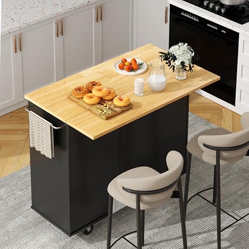 Shintenchi Kitchen Island with Folding Drop Leaf, Rolling Island Table with Storage, Kitchen Cabinet on Wheels with Seating Area for Kitchen, Bar Cart with Cabinet, Black