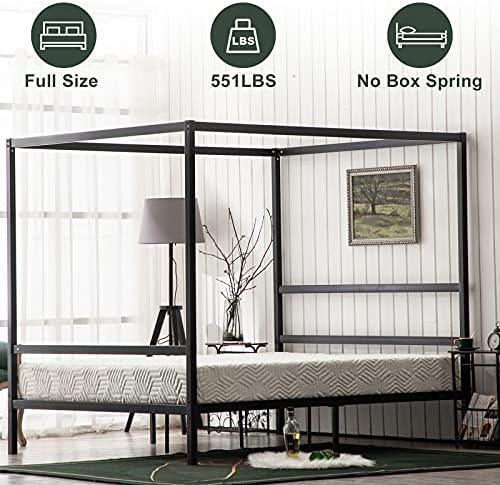 Bonnlo Black Canopy Bed Frame Full with Headboard, 10 Inch Metal Platform Bed Full with 4 Posters, No Box Spring Needed