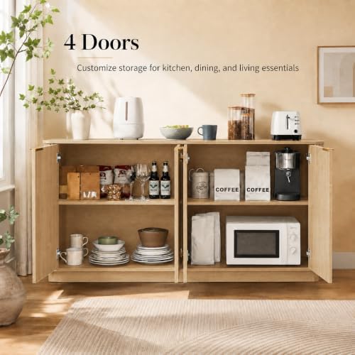 USHOWER 63" Fluted Buffet Cabinet with Storage, Wooden Sideboard, Oak