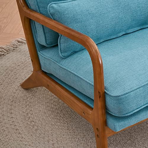 Bonnlo LinenTeal Mid Century Modern Accent Chair, Soild Wood Padding Lounge Armchairs Side Sitting Chairs for Living Room, Bedroom, Guest Room