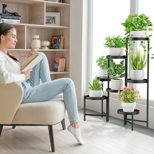 iDavosic.ly Plant Stand Indoor Outdoor, 7 Tier Metal Corner Shelf, Black